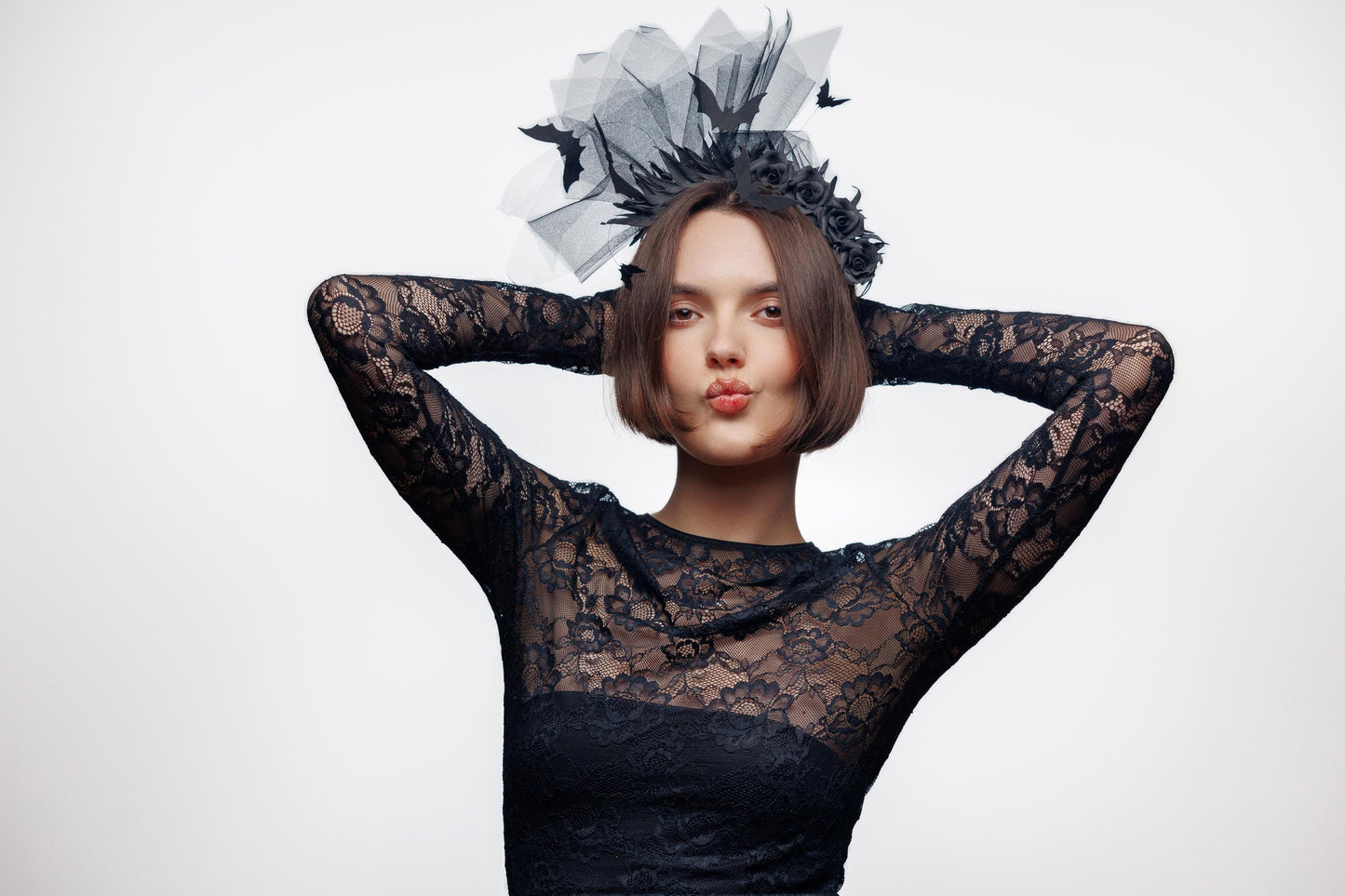 Bat headband black with flowers and veil for Halloween party.