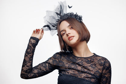 Bat headband black with flowers and veil for Halloween party.