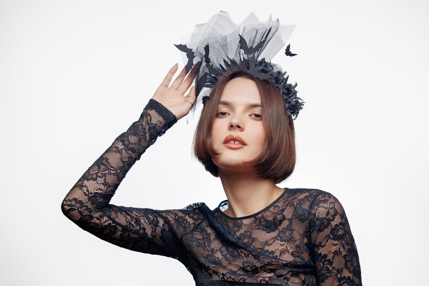 Bat headband black with flowers and veil for Halloween party.