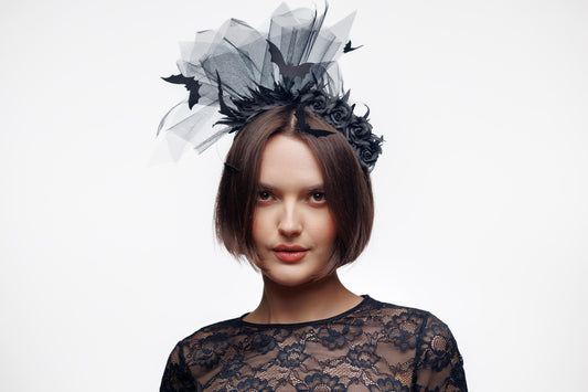Bat headband black with flowers and veil for Halloween party.