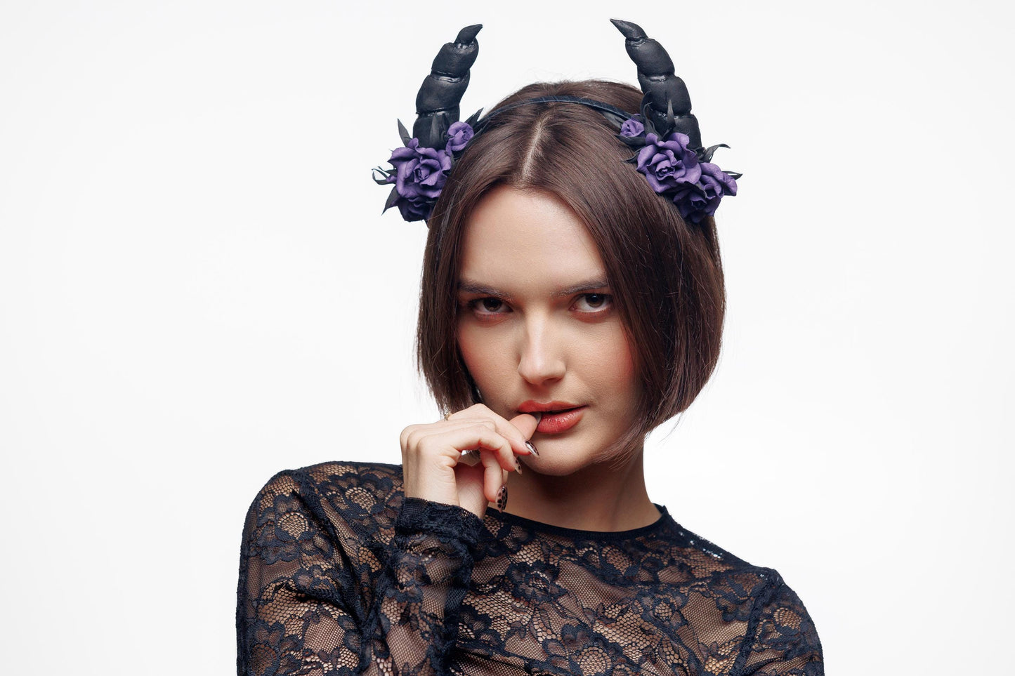 Horns headband ram with purple roses for Halloween party. Black horns headpiece.