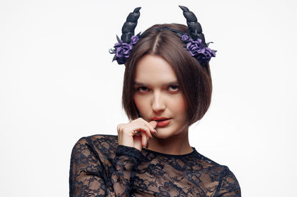 Horns headband ram with purple roses for Halloween party. Black horns headpiece.
