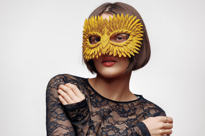 Masquerade Mask Owl: Black, Gold, Silver Feather Detail, Elegant Party Costume