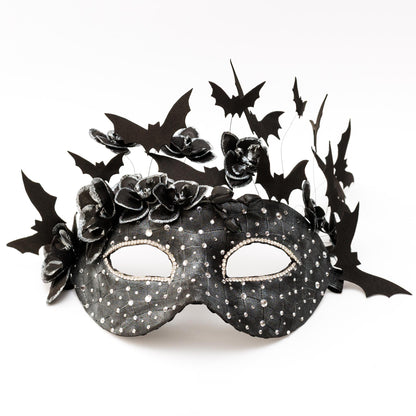 Black Bat Masquerade Mask for woman: Gothic Witch Costume, Textured Finish, Rhinestones.