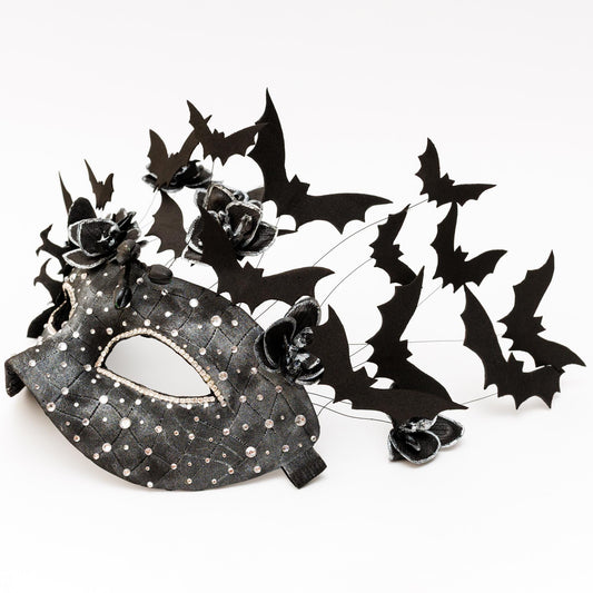 Black Bat Masquerade Mask for woman: Gothic Witch Costume, Textured Finish, Rhinestones.
