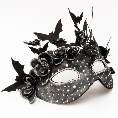Black Bat Masquerade Mask for woman: Gothic Witch Costume, Textured Finish, Rhinestones.