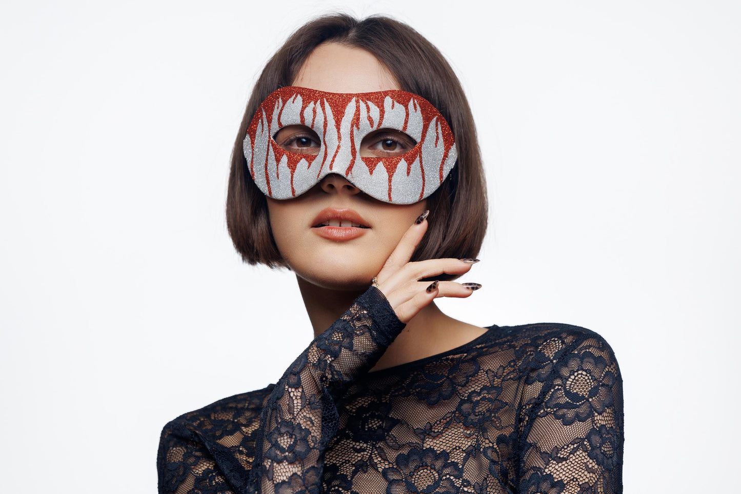 Silver & Red Glitter Masquerade Mask: Gothic Costume Party