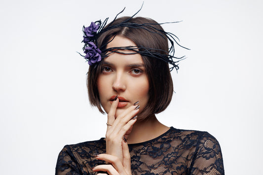 Gothic Black Headpiece with Purple Roses: Halloween Flower Crown