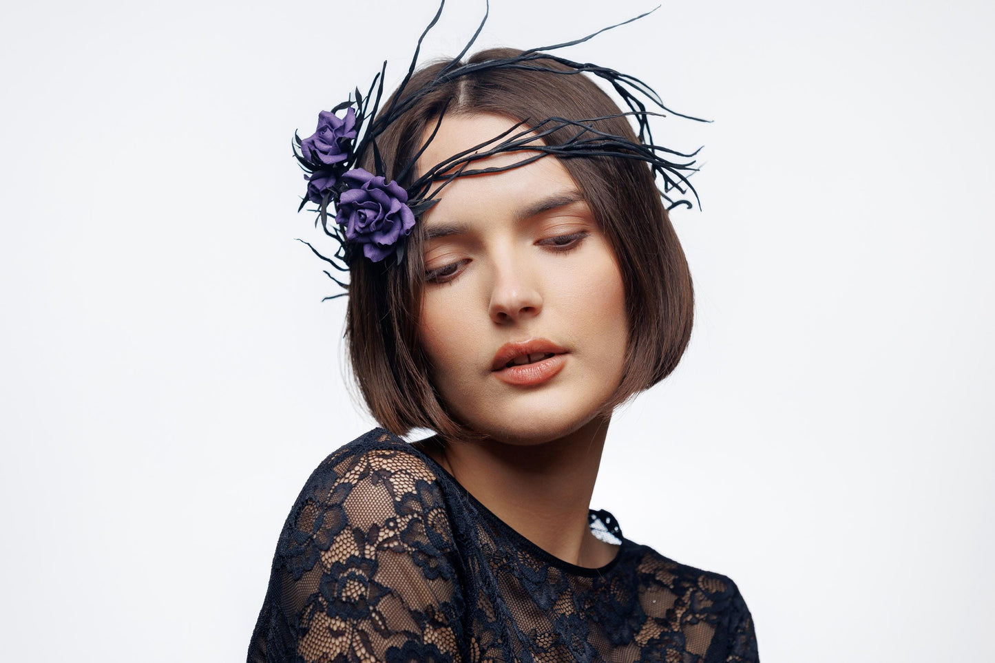 Gothic Black Headpiece with Purple Roses: Halloween Flower Crown