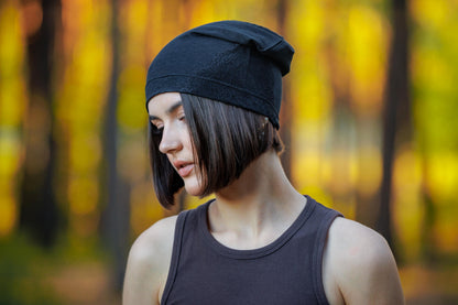 Black Linen Beanie Hat: Lace, Lightweight Chemo Cap.