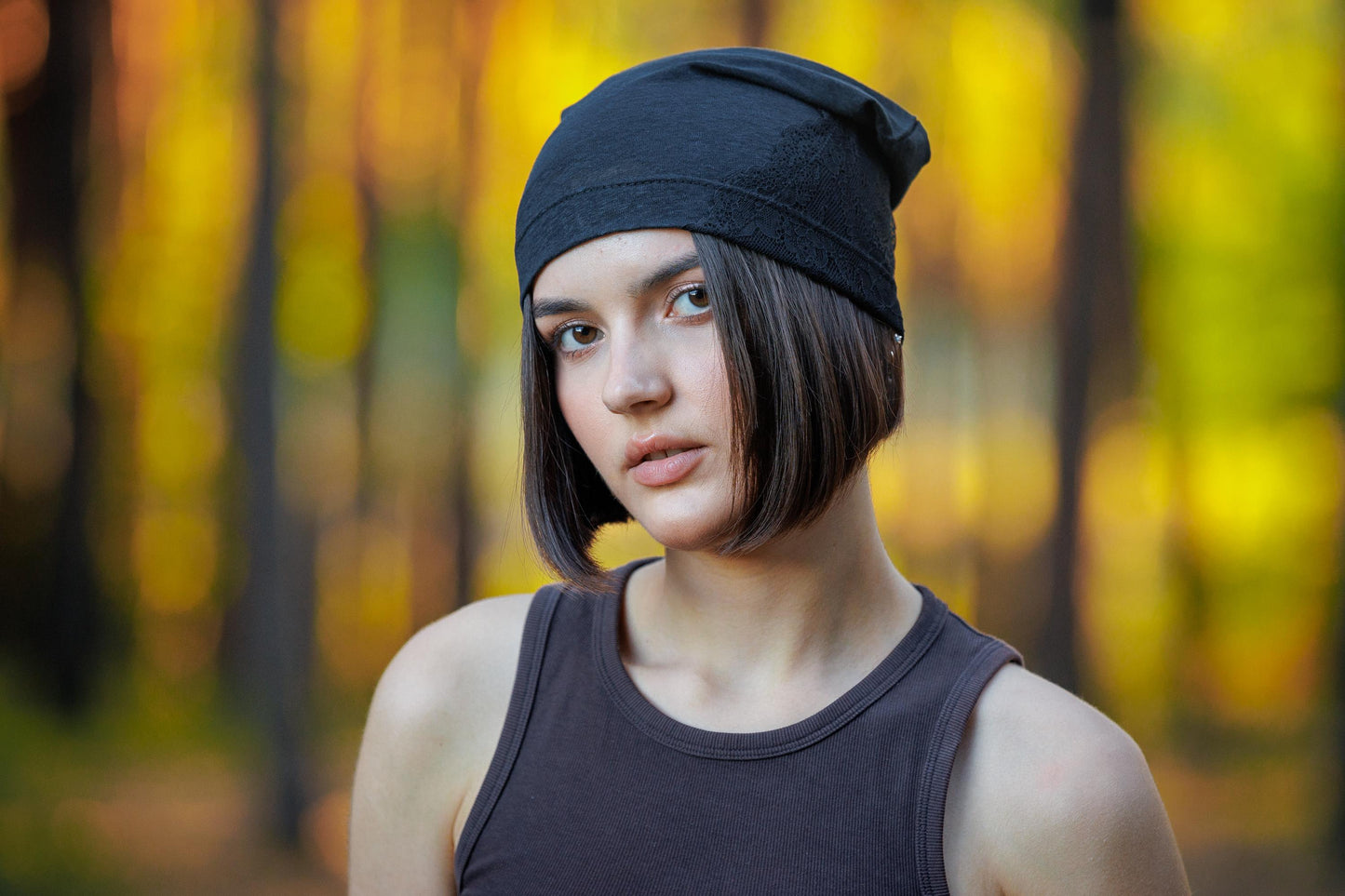 Black Linen Beanie Hat: Lace, Lightweight Chemo Cap.
