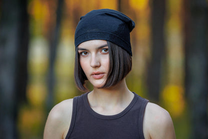 Black Linen Beanie Hat: Lace, Lightweight Chemo Cap.