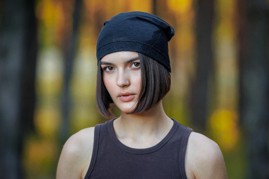 Black Linen Beanie Hat: Lace, Lightweight Chemo Cap.
