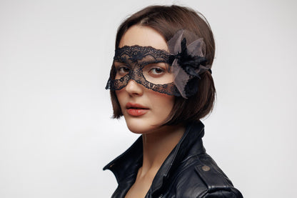 Lace Bridal Masquerade eye Mask with soft tulle bow. Bridal photoshoots, romantic weddings, bachelorette themes, and modern fairytale brides