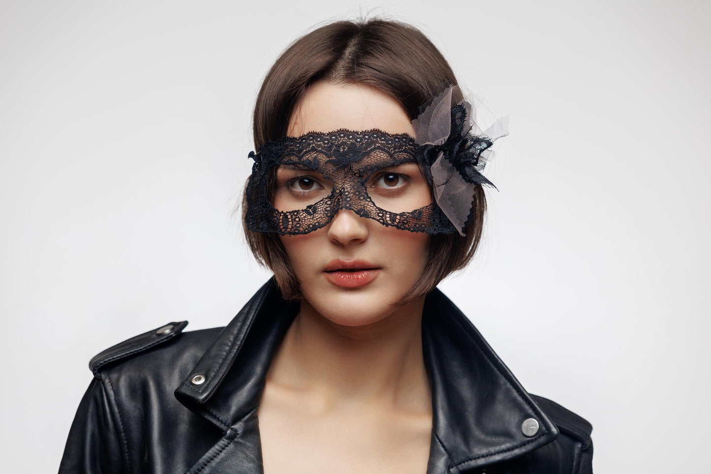 Lace Bridal Masquerade eye Mask with soft tulle bow. Bridal photoshoots, romantic weddings, bachelorette themes, and modern fairytale brides