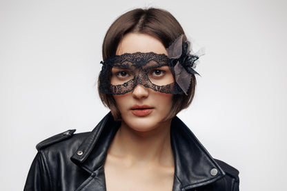 Lace Bridal Masquerade eye Mask with soft tulle bow. Bridal photoshoots, romantic weddings, bachelorette themes, and modern fairytale brides