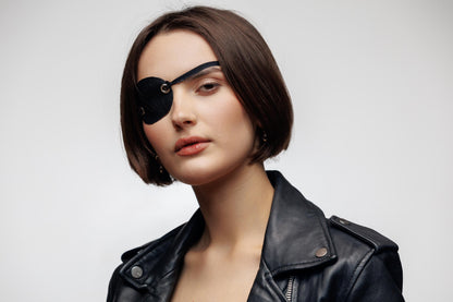 Black Faux Leather Eye Patch Mask with Grommets. Pirate Steampunk Costume. Gothic Eye Cover for Festival or Party. Adjustable Elastic Strap.