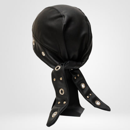 Black Vegan Leather Biker Beanie Bandana Headwrap | Unisex Skull Cap with Eyelets
