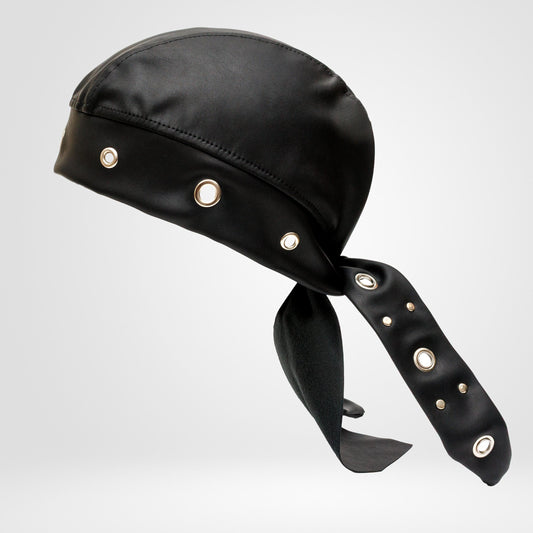 Black Vegan Leather Biker Beanie Bandana Headwrap | Unisex Skull Cap with Eyelets
