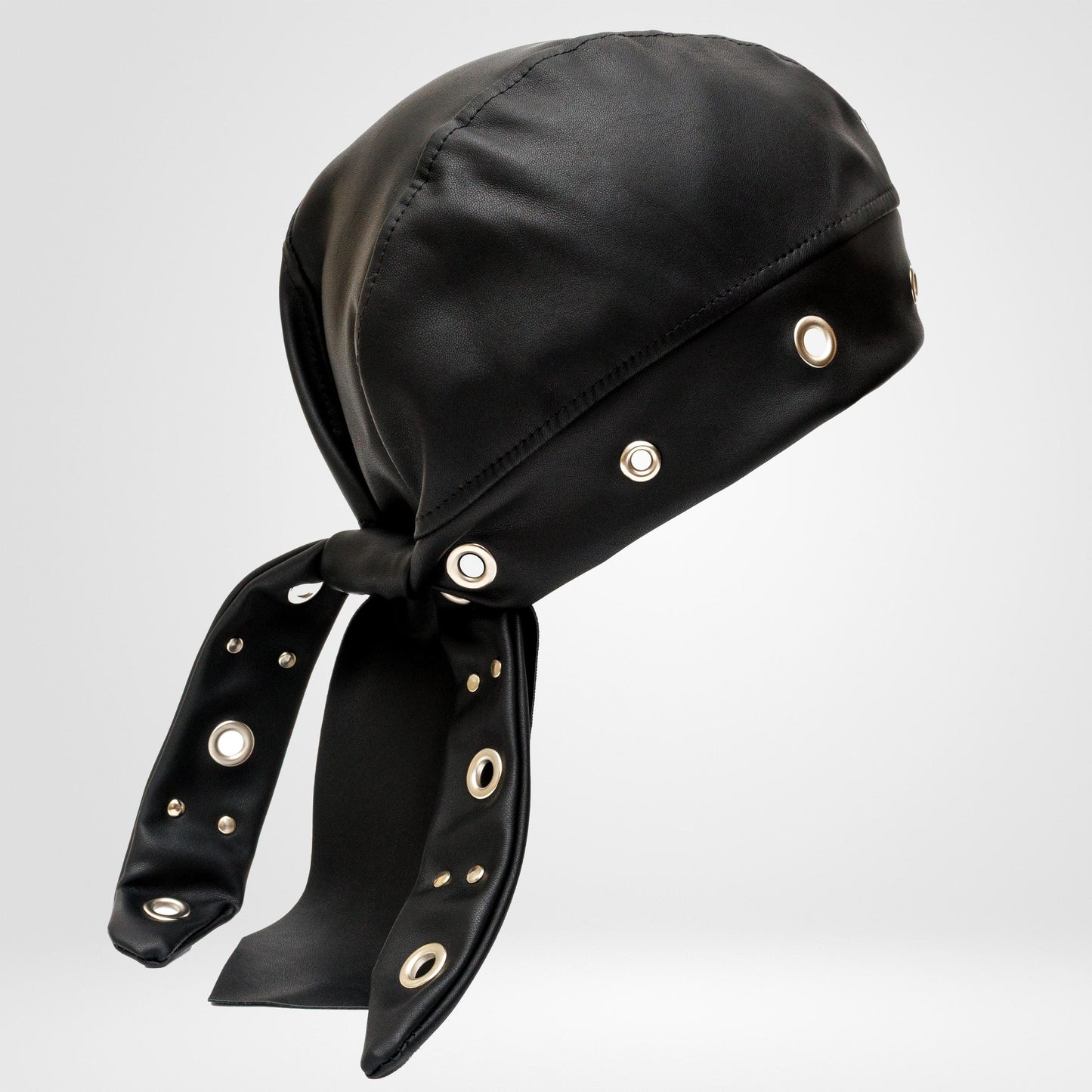 Black Vegan Leather Biker Beanie Bandana Headwrap | Unisex Skull Cap with Eyelets