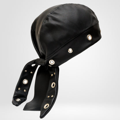 Black Vegan Leather Biker Beanie Bandana Headwrap | Unisex Skull Cap with Eyelets