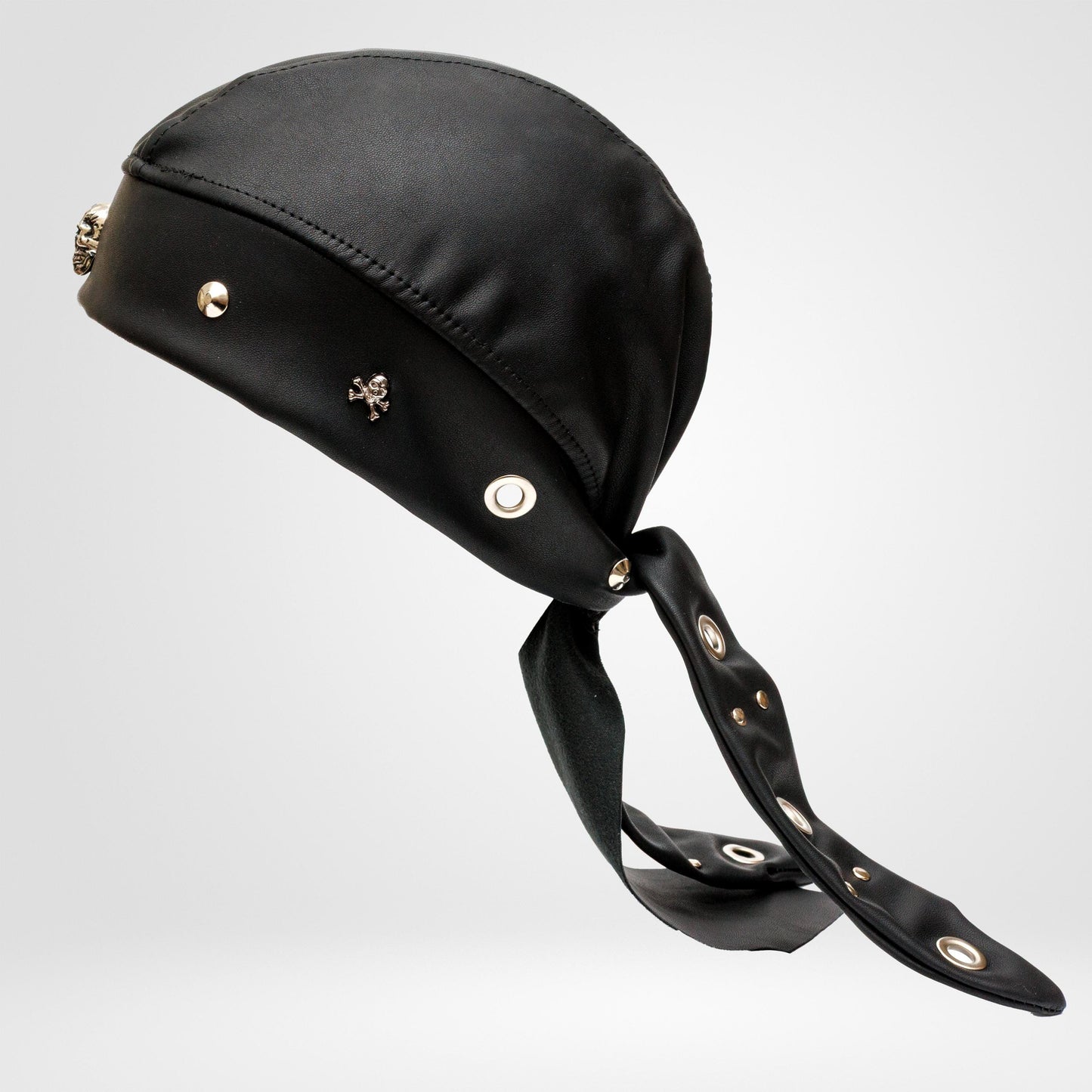 Handmade Black Faux Leather Beanie Biker Bandana – Skull Studded Headwrap