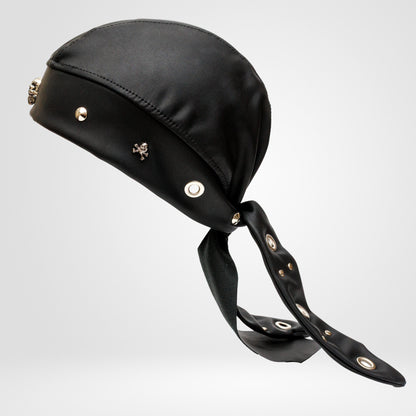 Handmade Black Faux Leather Beanie Biker Bandana – Skull Studded Headwrap