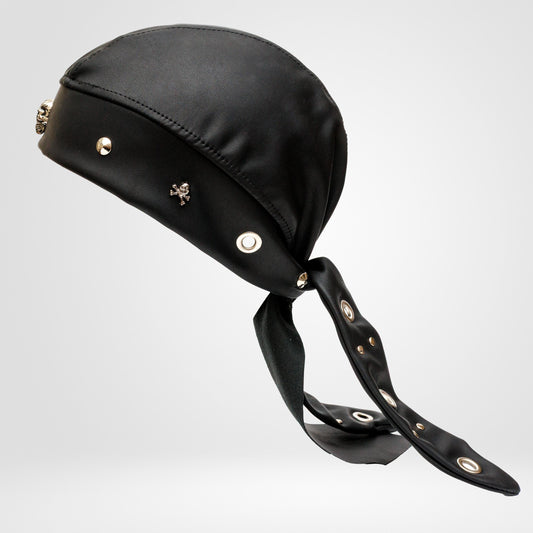 Handmade Black Faux Leather Beanie Biker Bandana – Skull Studded Headwrap