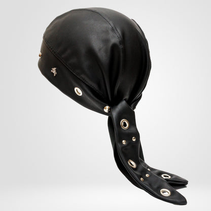 Handmade Black Faux Leather Beanie Biker Bandana – Skull Studded Headwrap