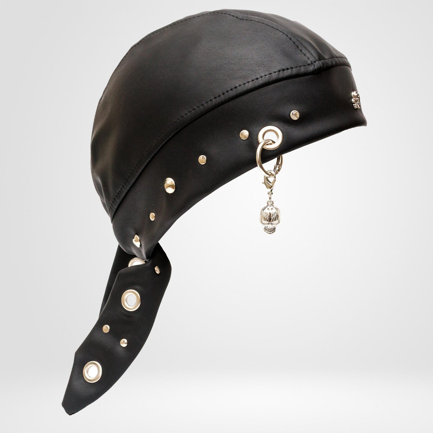 Black Beanie Vegan Leather Biker Bandana | Skull Pendant, Metal Eyelets. (Copy)