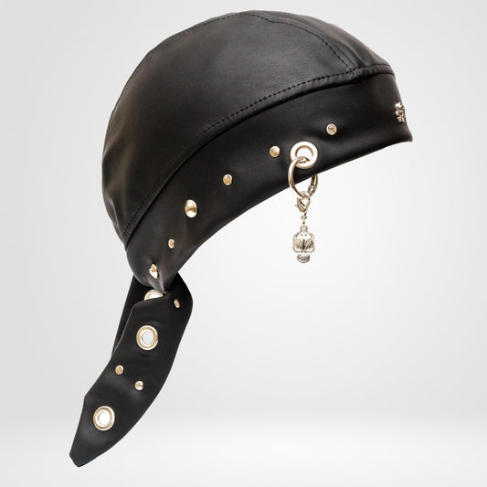 Black Beanie Vegan Leather Biker Bandana | Skull Pendant, Metal Eyelets. (Copy)