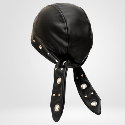 Black Beanie Vegan Leather Biker Bandana | Skull Pendant, Metal Eyelets. (Copy)