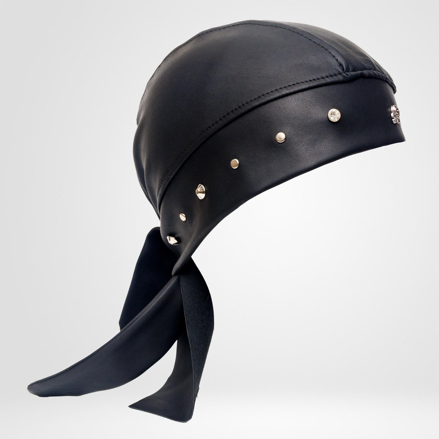 Faux Leather Biker Bandana Beanie – Rhinestone Skull Charm, Rock Style Head Wrap