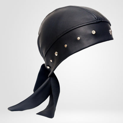 Faux Leather Biker Bandana Beanie – Rhinestone Skull Charm, Rock Style Head Wrap