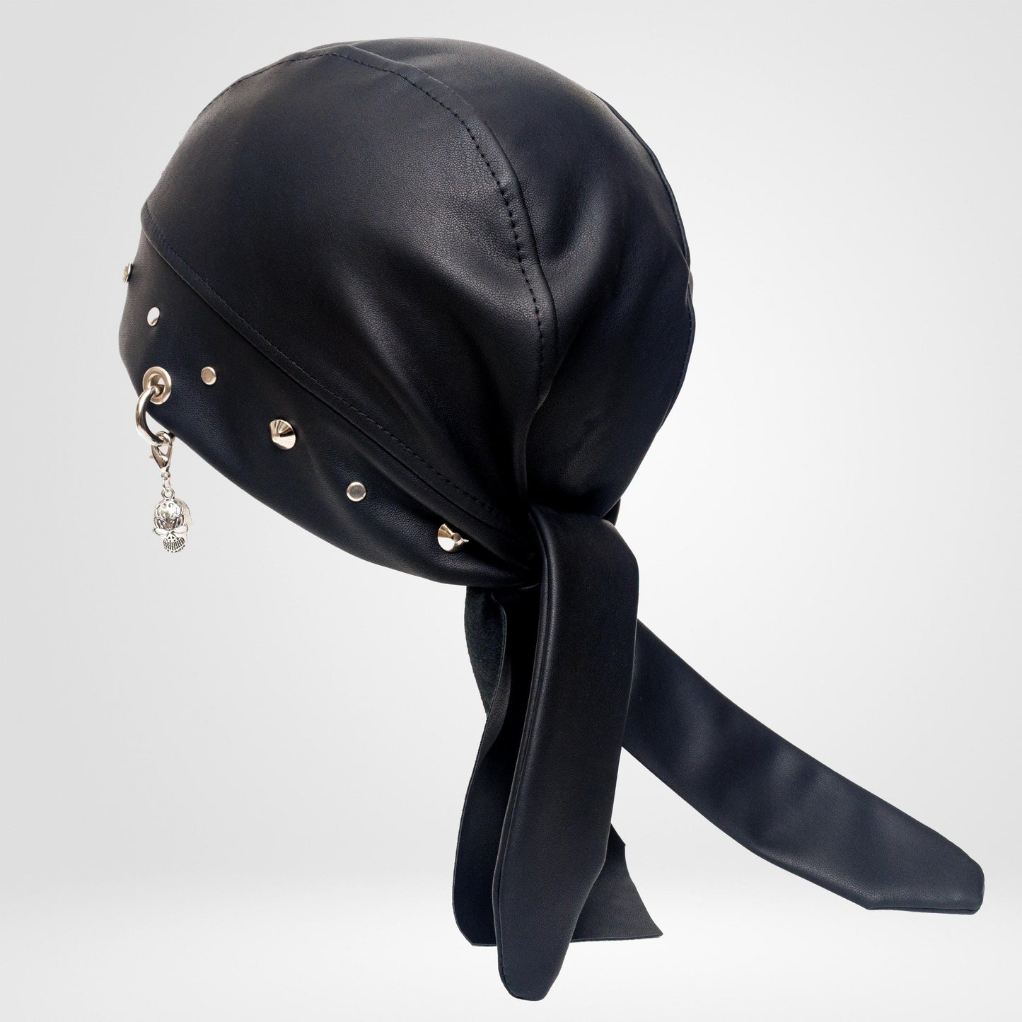 Faux Leather Biker Bandana Beanie – Rhinestone Skull Charm, Rock Style Head Wrap