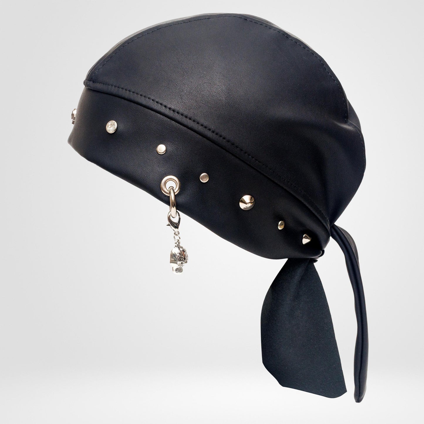 Faux Leather Biker Bandana Beanie – Rhinestone Skull Charm, Rock Style Head Wrap