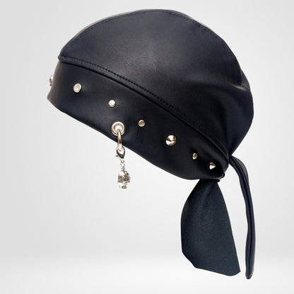 Faux Leather Biker Bandana Beanie – Rhinestone Skull Charm, Rock Style Head Wrap