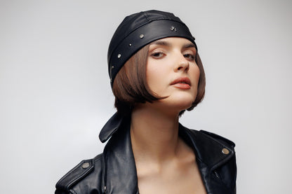 Faux Leather Biker Bandana Beanie – Rhinestone Skull Charm, Rock Style Head Wrap