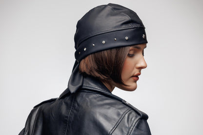 Bandana Faux Leather Biker Beanie – Rhinestone Skull Charm Head Wrap (Copy)