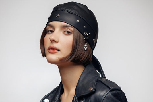 Bandana Faux Leather Biker Beanie – Rhinestone Skull Charm Head Wrap (Copy)