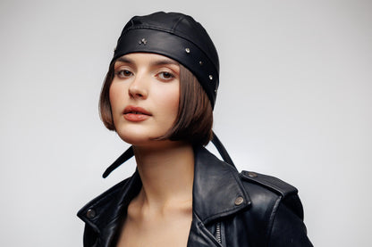 Bandana Vegan Leather with Rhinestones Rock Style Beanie Head Hat Wrap by Lederea. Size S-M.