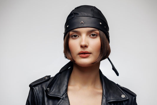 Bandana Vegan Leather with Rhinestones Rock Style Beanie Head Hat Wrap by Lederea. Size S-M. (Copy)