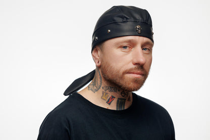 Biker Leather Bandana Beanie with Skull – Handmade Faux Leather Headwrap for Men & Women, Rock Style Bandana, Gothic Motorcycle Accessory. (Copy)