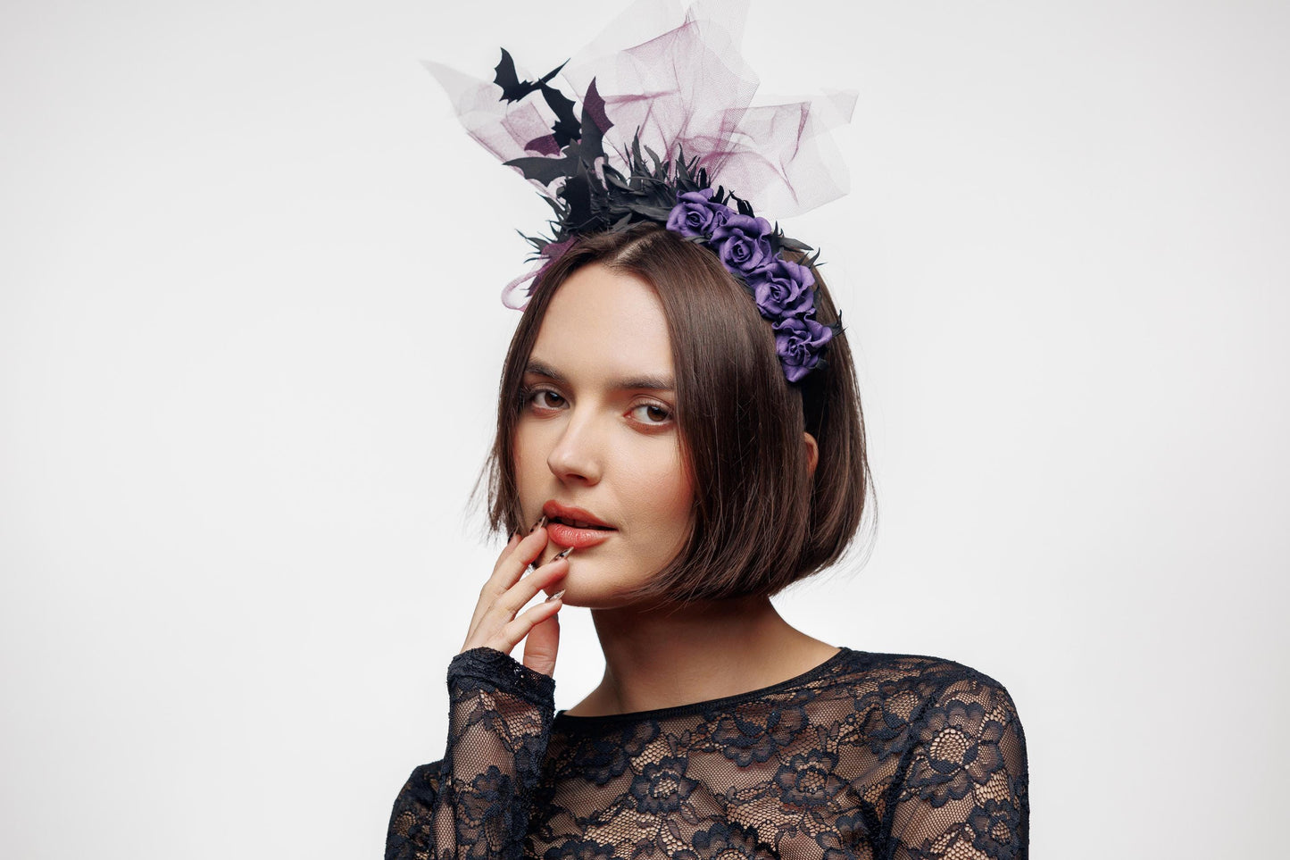 Fascinator headband with bat and purple flowers. Halloween crown. Vampire headpiece.