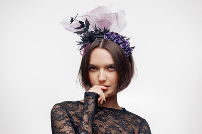 Fascinator headband with bat and purple flowers. Halloween crown. Vampire headpiece.