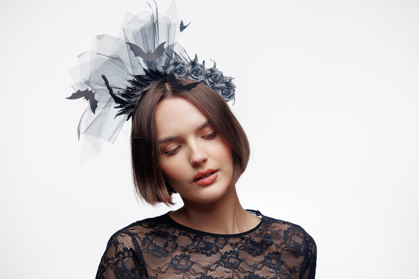 Bat headband black with flowers and veil for Halloween party.