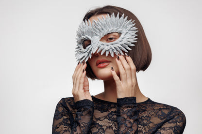 Owl Masquerade Mask Silver Glitter: Feather Style Venetian Mask