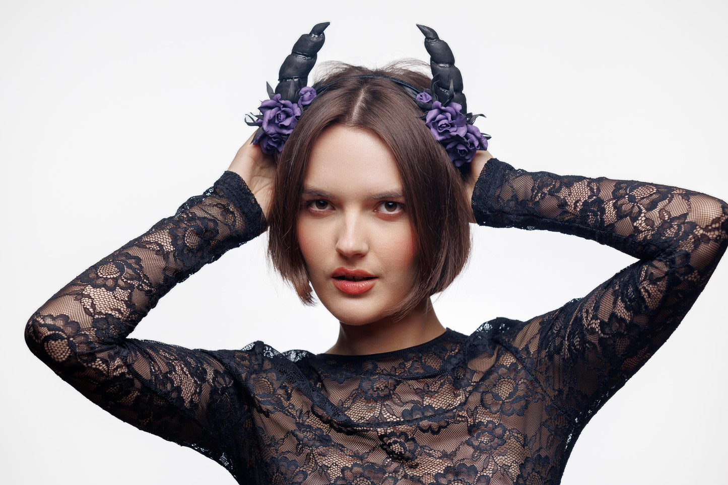 Horns headband ram with purple roses for Halloween party. Black horns headpiece.