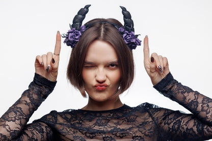 Horns headband ram with purple roses for Halloween party. Black horns headpiece.