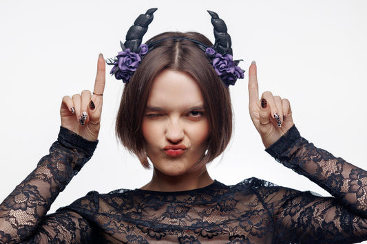 Horns headband ram with purple roses for Halloween party. Black horns headpiece.